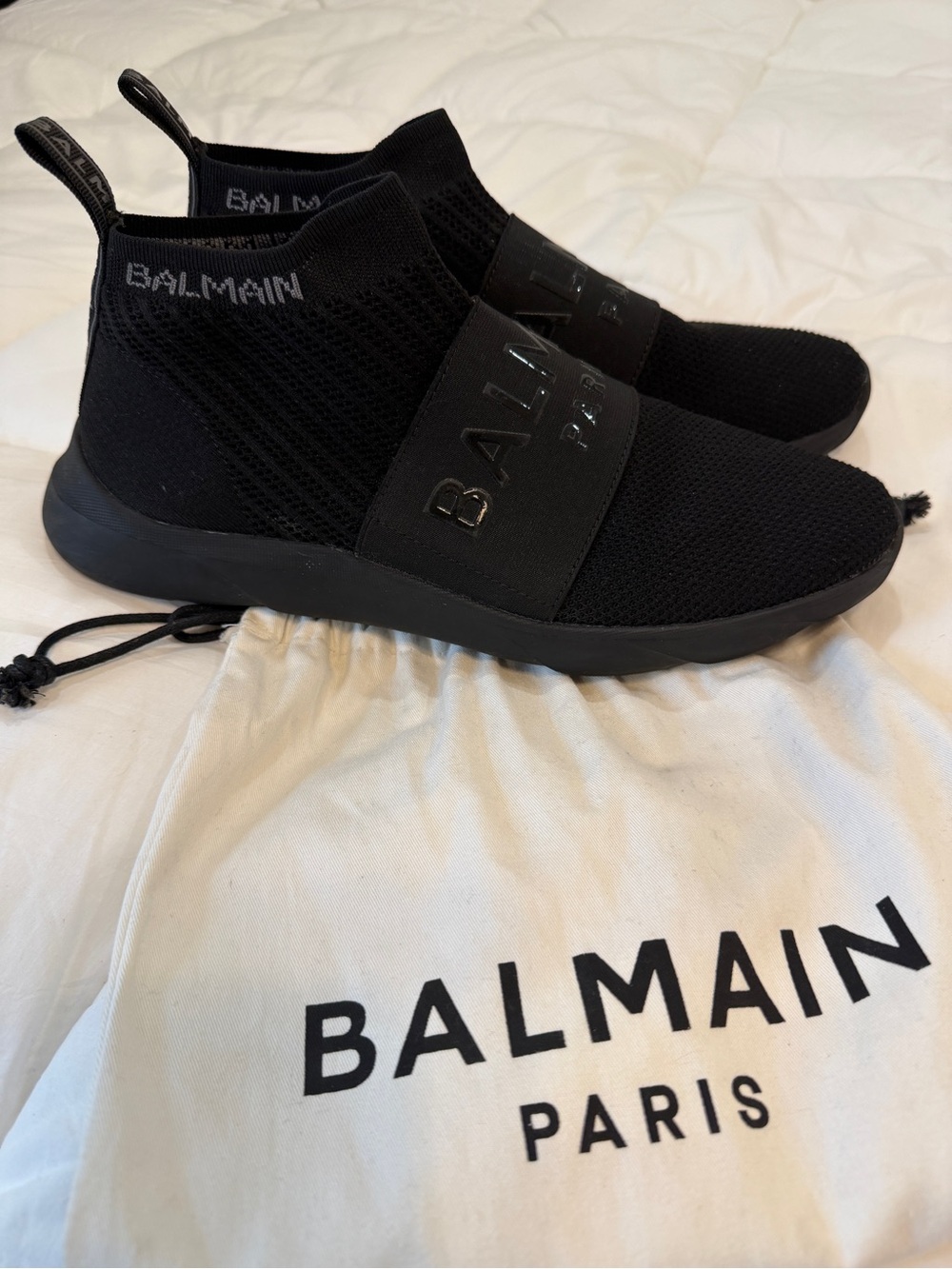 Balmain Men's Black Knit Slip-On Sneakers with Logo Strap